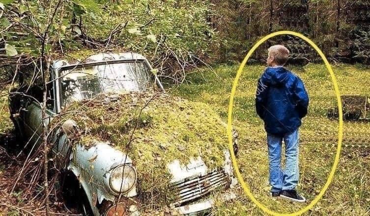 While strolling through the woodland, a child discovers an abandoned old car and a box with an envelope inside